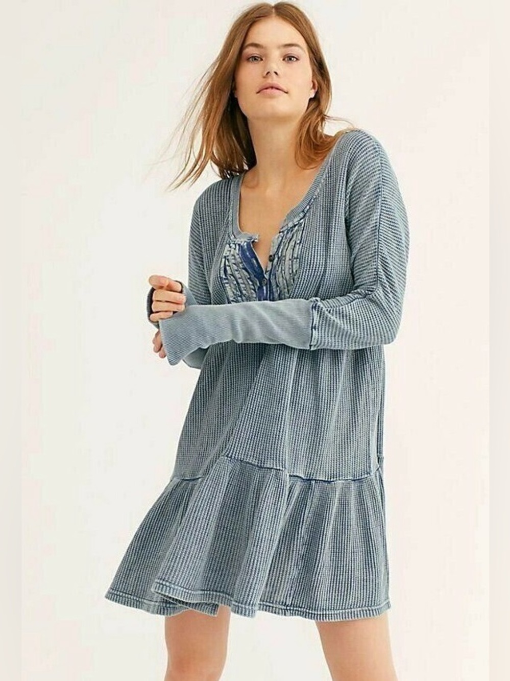 FP One Jolene Tiered Waffle Knit Mini Dress size M Free People Dusty Denim Blue